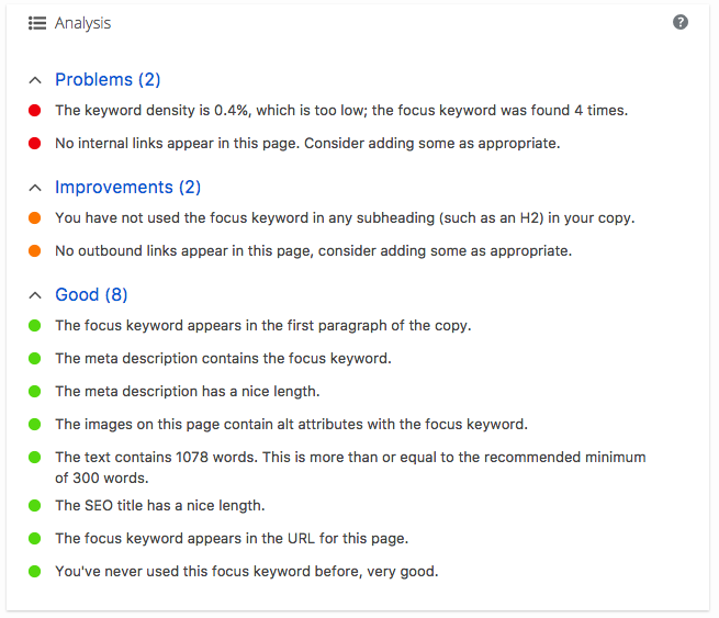 Yoast SEO Keyword Tab Analysis