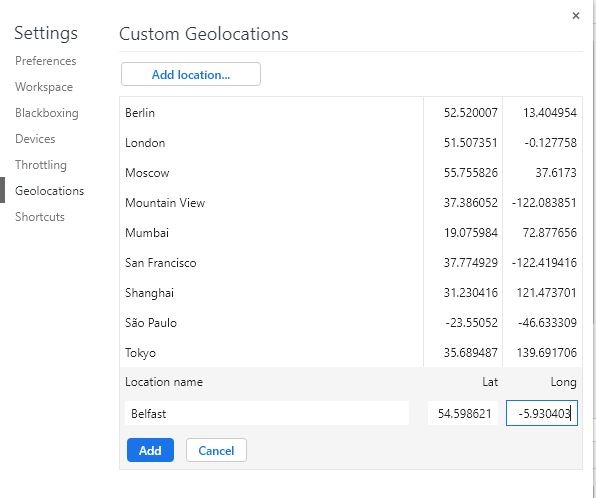 Adding Custom Locations on Google Chrome