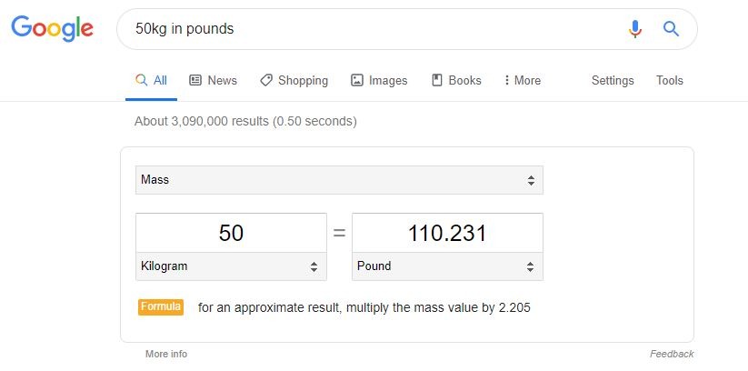 Google unit converter Snippet