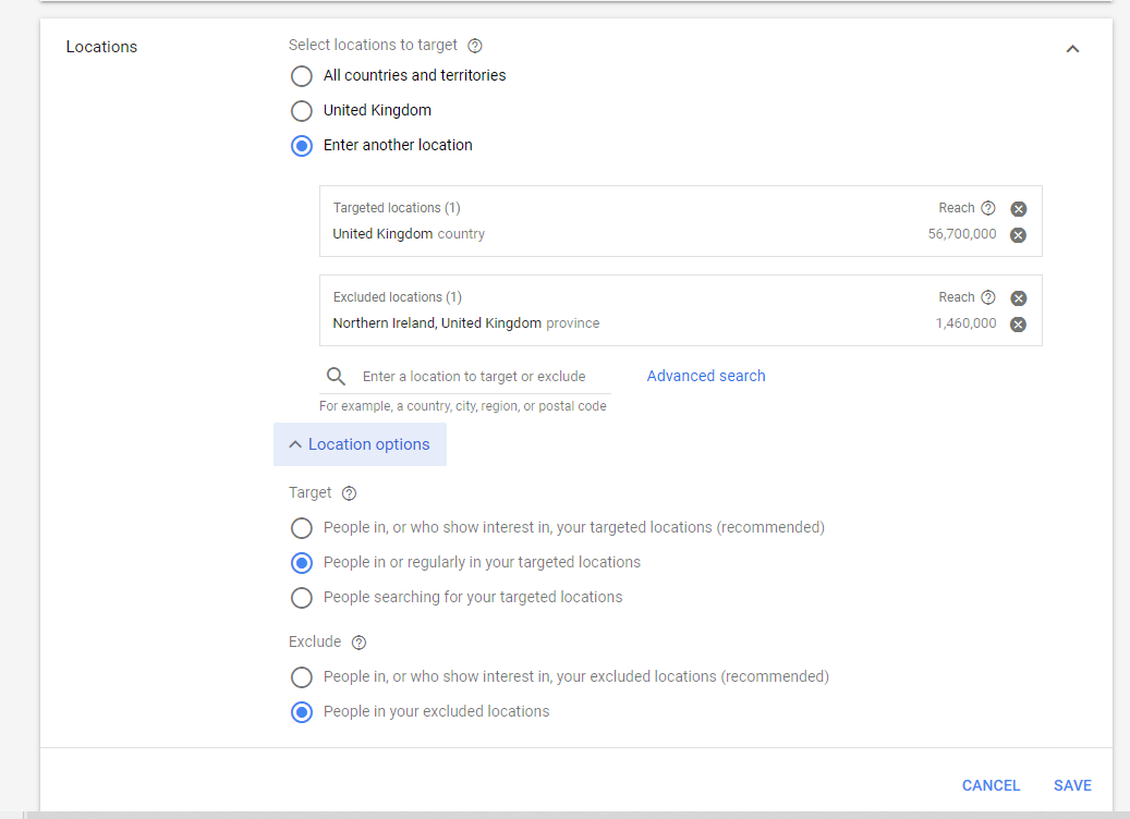 Google Ads Advanced Location Settings