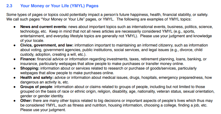 Google YMYL Guidelines