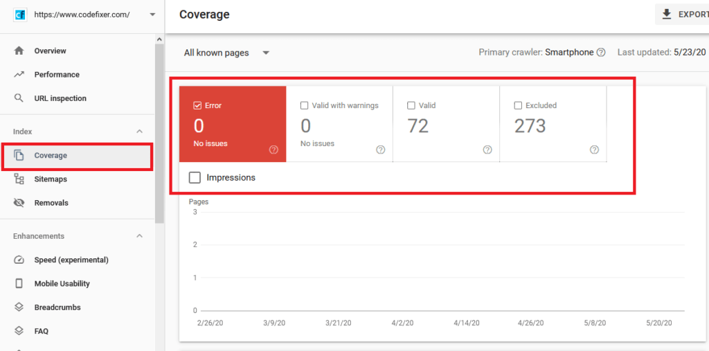 Google search console coverage report