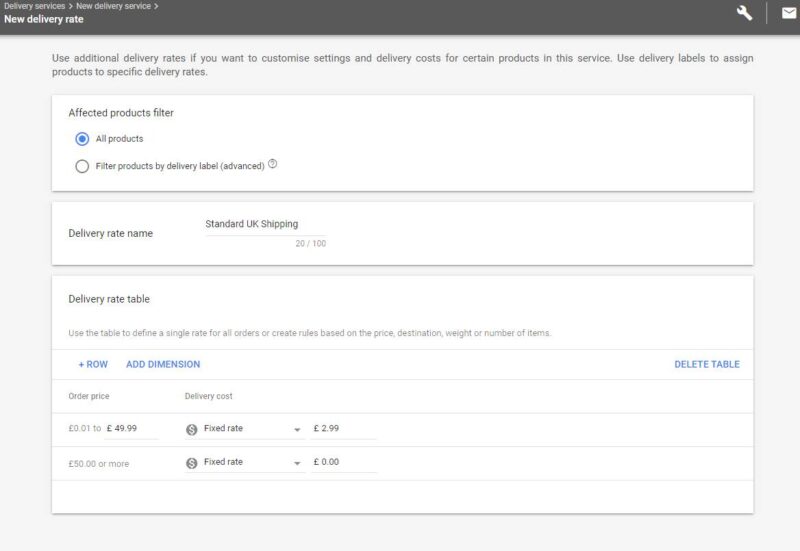 Google Merchant Center Add Delivery Rate