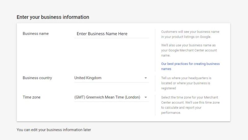 Google Merchant Center Enter Business Info