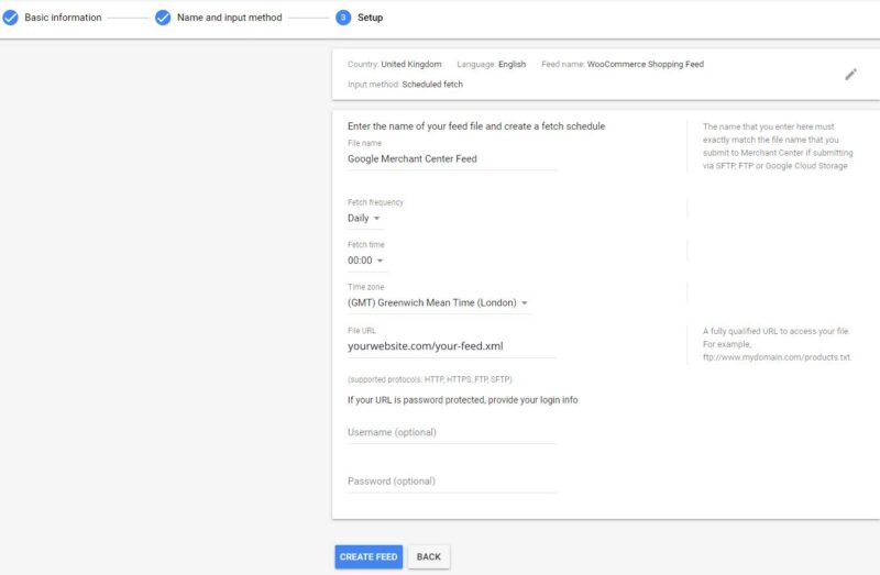 Google Merchant Center Upload Feed Details