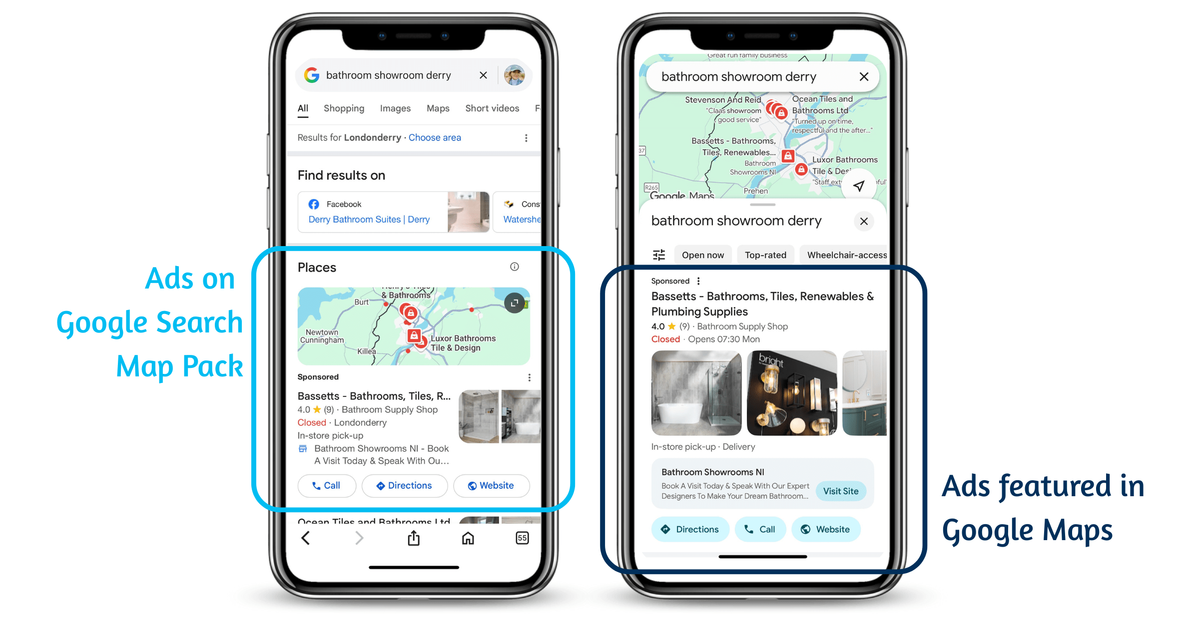 Examples of Google Ads on Google Map Pack and Google Maps