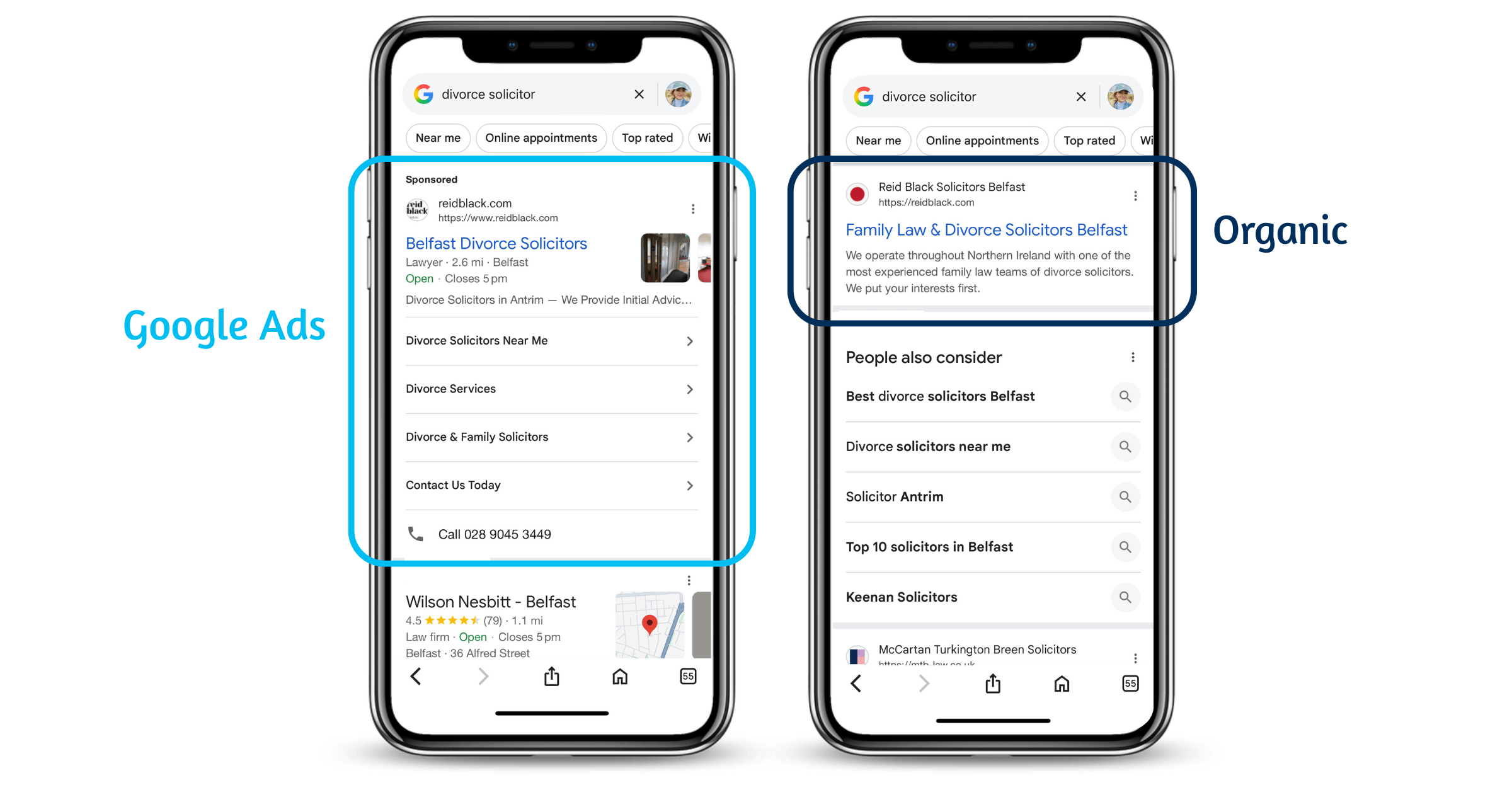 Examples of Google Ads on Google vs Organic listings on Google.
